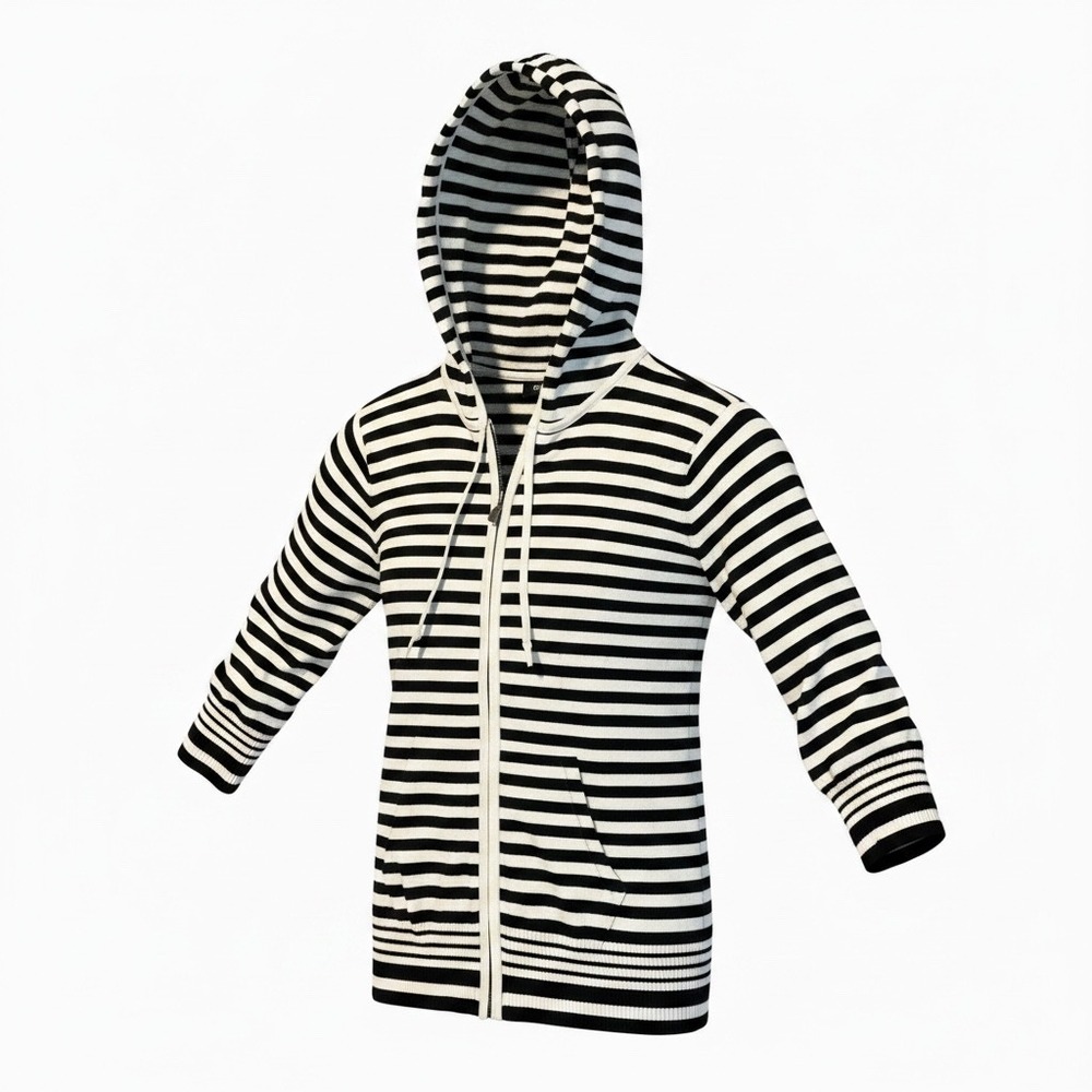 Style & Co Petite Black White Striped Full Zip Knit Hoodie Sweater Size PM